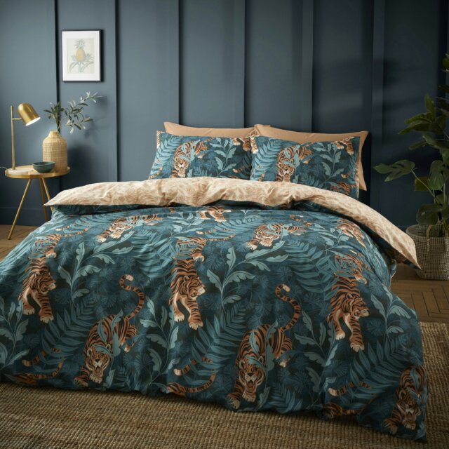 Rackhams Tropic Tiger Leaf Reversible Duvet Cover Set - Green - Single - image 1