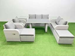 Rackhams 9 Seater Garden Furniture Set PE Rattan Garden Sofa Set with Rectangular Dining Table 2 Big Stool 2 Side Tables Light Grey - thumbnail 1
