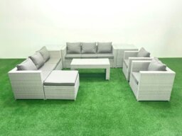 Rackhams Outdoor Garden Furniture Rattan Sofa Set with 2 Armchairs Oblong Coffee Table Big Footstool 2 Side Tables Light Grey Mixed - thumbnail 2