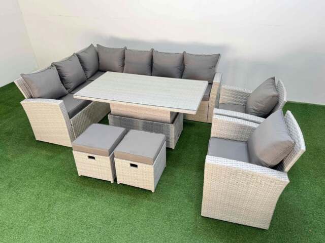 Rackhams 10 Seat Rattan Outdoor Garden Furniture Corner Sofa Set Adjustable Lifting Dining or Coffee Table Set with 2 Small Footstools Light Grey - image 1