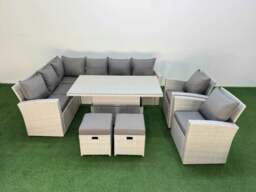 Rackhams 10 Seat Rattan Outdoor Garden Furniture Corner Sofa Set Adjustable Lifting Dining or Coffee Table Set with 2 Small Footstools Light Grey - thumbnail 2