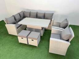 Rackhams 10 Seat Rattan Outdoor Garden Furniture Corner Sofa Set Adjustable Lifting Dining or Coffee Table Set with 2 Small Footstools Light Grey - thumbnail 1
