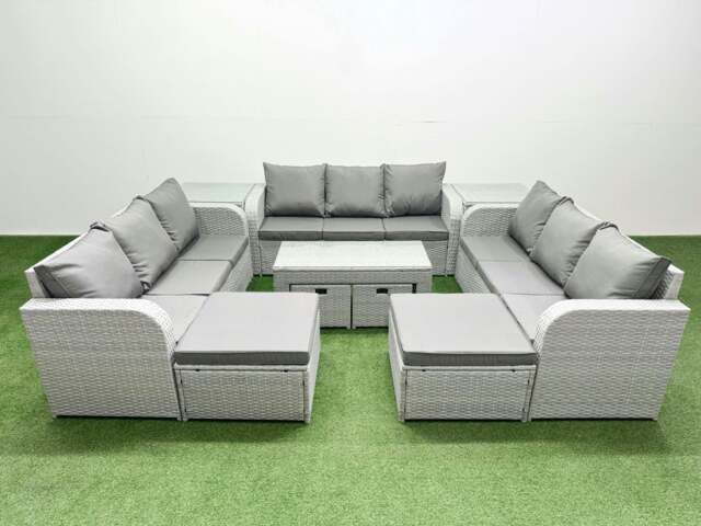Rackhams Outdoor Garden Furniture Set PE Rattan 3 Seater Sofa Set with Oblong Coffee Table 4 Footstools 2 Side Tables Light Grey - image 1