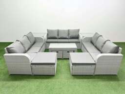 Rackhams Outdoor Garden Furniture Set PE Rattan 3 Seater Sofa Set with Oblong Coffee Table 4 Footstools 2 Side Tables Light Grey - thumbnail 1