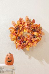 Rackhams 50cm Artificial Fall Wreath for Front Door Magnolia Leaf Wreath with Curved Pumpkin, Pine Cone, Acorn, Berry for Halloween Home Decor - Orange - thumbnail 2