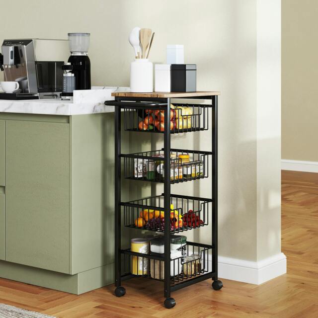 Rackhams 4-Tier Kitchen Island on Wheels with 4 Pull-Out Baskets, Oak - Oak - image 1
