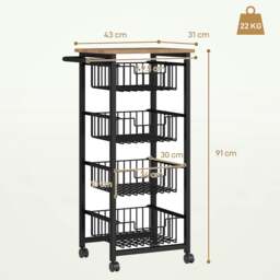 Rackhams 4-Tier Kitchen Island on Wheels with 4 Pull-Out Baskets, Oak - Oak - thumbnail 5