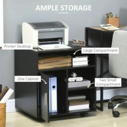 Rackhams Multi-Storage Printer Stand Unit Office Desk Side Mobile Storage w/ Wheels Modern Style 60L x 50W x 65.5H cm - Black - thumbnail 4