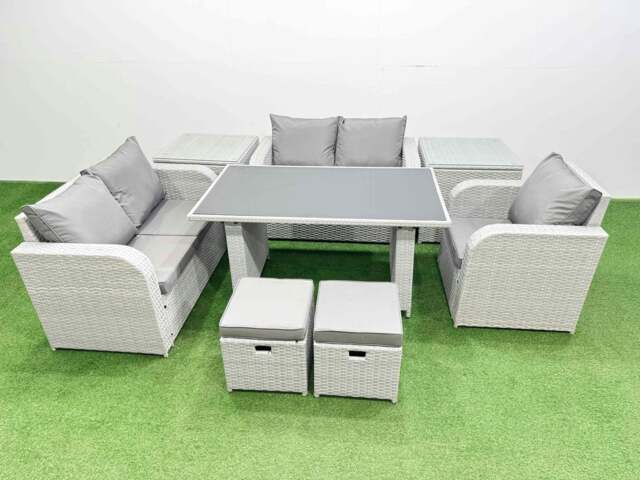 Rackhams Rattan Sofa Outdoor Furniture with Dining Table,2 Side Tables,Love Sofa,2 Small Stools Patio Furniture Light Grey 7 Seater - image 1