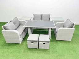 Rackhams Rattan Sofa Outdoor Furniture with Dining Table,2 Side Tables,Love Sofa,2 Small Stools Patio Furniture Light Grey 7 Seater
