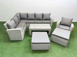 Rackhams Rattan Garden Furniture Set Outdoor 9 Seater Corner Sofa Sets with Oblong Coffee Table Chair 2 Big Footstools Light Grey Mixed - thumbnail 2