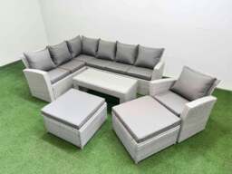 Rackhams Rattan Garden Furniture Set Outdoor 9 Seater Corner Sofa Sets with Oblong Coffee Table Chair 2 Big Footstools Light Grey Mixed - thumbnail 1