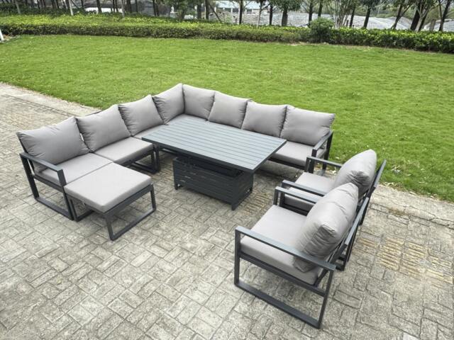 Rackhams 10 Seater Aluminium Outdoor Garden Furniture Set with Rising Dining Table, Corner Sofa, 2 Chairs, Footstool - Grey