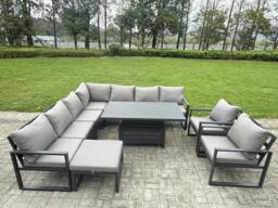 Rackhams 10 Seater Aluminium Outdoor Garden Furniture Set with Rising Dining Table, Corner Sofa, 2 Chairs, Footstool - Grey - thumbnail 2