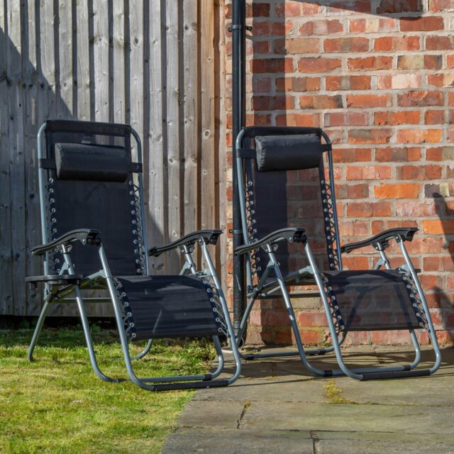 Rackhams Set of 2 Multi Position Garden Zero Gravity Relaxer Chair Sun Lounger in Black & Silver - SunLoungers - image 1
