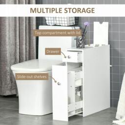 Rackhams Bathroom Slim Floor Cabinet Narrow Wooden Storage Home Bath Toilet Cupboard Organiser Unit with Drawers White - thumbnail 5