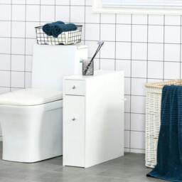 Rackhams Bathroom Slim Floor Cabinet Narrow Wooden Storage Home Bath Toilet Cupboard Organiser Unit with Drawers White - thumbnail 2