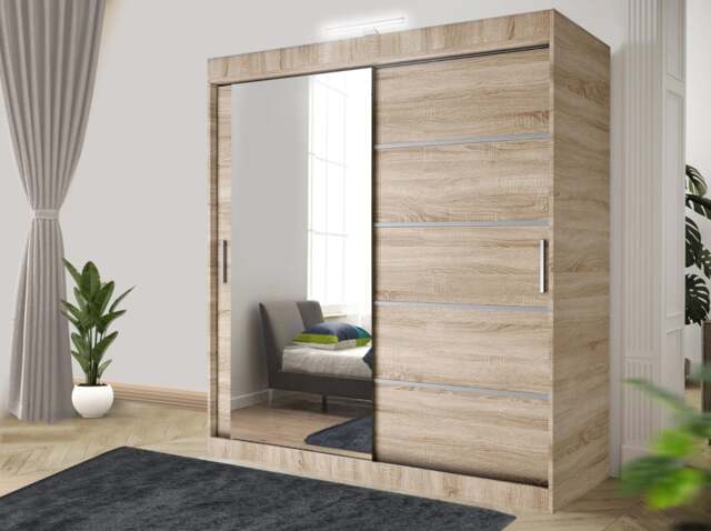 Rackhams Stylish Bedroom Sliding Wardrobe with LED Light - comes in White/Grey/Black/Oak and Width 120cm/150cm/180cm/203cm/250cm - 120cm - Oak - image 1