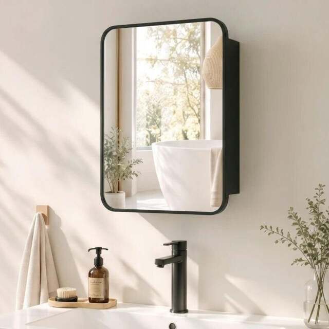 Rackhams Bathroom Medicine Mirror Cabinet, Bathroom Wall Cabinet with Storage, Magnetic Door and Adjustable Shelf, Black - Black - image 1
