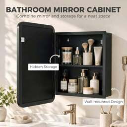 Rackhams Bathroom Medicine Mirror Cabinet, Bathroom Wall Cabinet with Storage, Magnetic Door and Adjustable Shelf, Black - Black - thumbnail 4