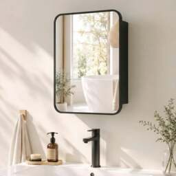Rackhams Bathroom Medicine Mirror Cabinet, Bathroom Wall Cabinet with Storage, Magnetic Door and Adjustable Shelf, Black - Black - thumbnail 1