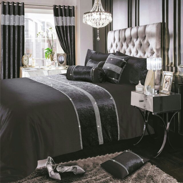 Rackhams Topaz Crushed Velvet Diamante Duvet Cover & Pillowcase Set - Charcoal - Single - image 1