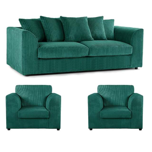 Rackhams Luxor Full Jumbo Cord 3 Seater and 2 x Armchairs - Scatter Back - Teal