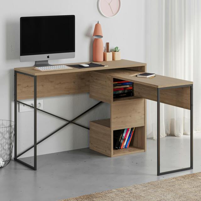 Rackhams Modern Badau L-Shaped Computer Desk Metal Legs 3 Adjustable Storage Shelf Extra Table 110cm(W) Work PC Office - Natural Oak - image 1