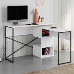Rackhams Modern Badau L-Shaped Computer Desk Metal Legs 3 Adjustable Storage Shelf Extra Table 110cm(W) Work PC Office - Natural Oak - thumbnail 2
