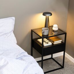 Rackhams Randolf Bedside Table in Black with Smoked Glass - 1 - Black - Manufactured wood,Powder coated Steel,Glass - thumbnail 5