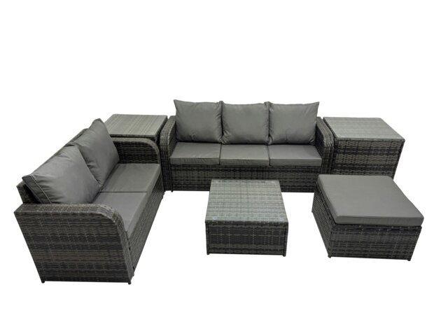 Rackhams Wicker PE Rattan Garden Outdoor Furniture Set Love Sofa Square Coffee Table Set with Big Stool 2 Side Tables Dark Grey Mixed - image 1