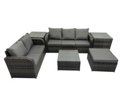 Rackhams Wicker PE Rattan Garden Outdoor Furniture Set Love Sofa Square Coffee Table Set with Big Stool 2 Side Tables Dark Grey Mixed - thumbnail 1