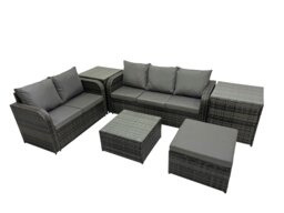 Rackhams Wicker PE Rattan Garden Outdoor Furniture Set Love Sofa Square Coffee Table Set with Big Stool 2 Side Tables Dark Grey Mixed - thumbnail 2