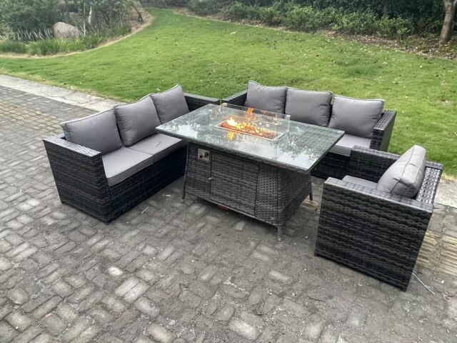 Rackhams Outdoor Rattan Garden Furniture Sofa Set Gas Fire Pit Dining Table Gas Heater Burner With Armchair 7 Seater Dark Grey Mixed - image 1