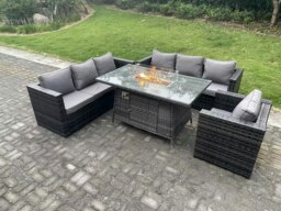 Rackhams Outdoor Rattan Garden Furniture Sofa Set Gas Fire Pit Dining Table Gas Heater Burner With Armchair 7 Seater Dark Grey Mixed - thumbnail 1
