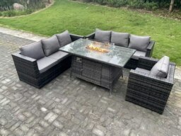 Rackhams Outdoor Rattan Garden Furniture Sofa Set Gas Fire Pit Dining Table Gas Heater Burner With Armchair 7 Seater Dark Grey Mixed - thumbnail 2
