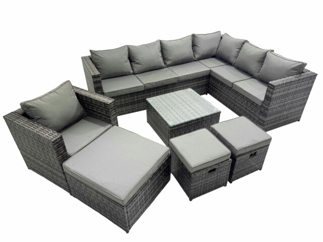 Rackhams Outdoor PE Rattan Garden Furniture Sofa Set with Square Coffee Table Chair 3 Stools Dark Grey - image 1