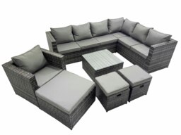 Rackhams Outdoor PE Rattan Garden Furniture Sofa Set with Square Coffee Table Chair 3 Stools Dark Grey - thumbnail 1