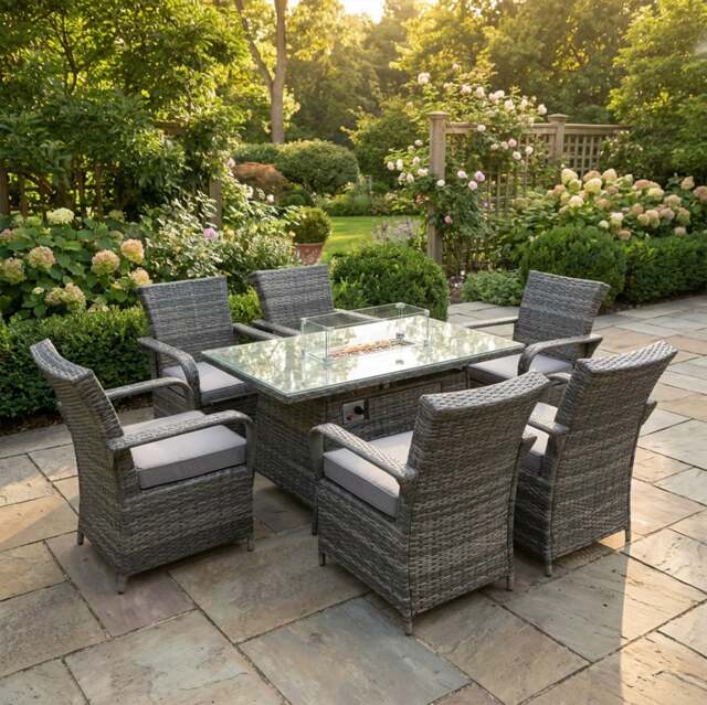 Rackhams 6 Seater Rattan Garden Furniture Set with Gas Fire Pit Dining Table and 6 Chairs - Dark Grey - image 1