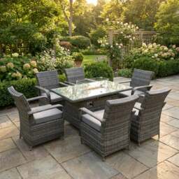 Rackhams 6 Seater Rattan Garden Furniture Set with Gas Fire Pit Dining Table and 6 Chairs - Dark Grey - thumbnail 1