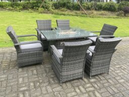 Rackhams 6 Seater Rattan Garden Furniture Set with Gas Fire Pit Dining Table and 6 Chairs - Dark Grey - thumbnail 2