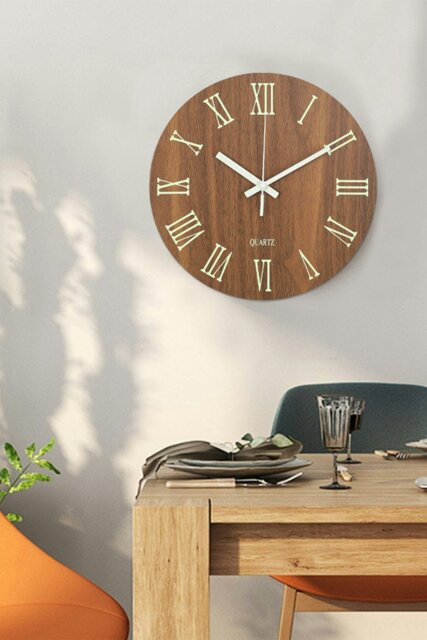 Rackhams 12-Inch Modern Luminous Wood Silent Wall Clock - Brown - image 1