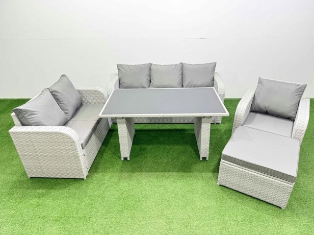 Rackhams Rattan Outdoor Table Reclining Chair Sofa Set with Big Stool Light Grey 7 Seater - image 1