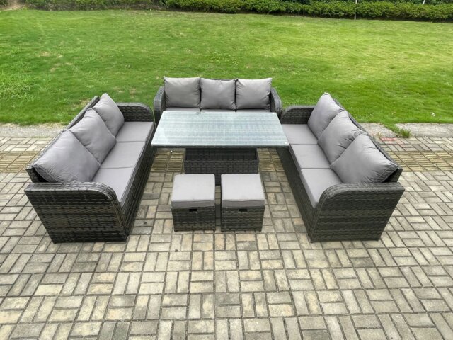 Rackhams Patio Garden Dining Set Outdoor Rattan Furniture Lounge Sofa Height Adjustable Rising lifting Table With 2 Small Footstools Dark Grey Mixed - image 1