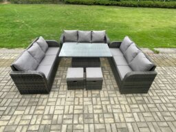 Rackhams Patio Garden Dining Set Outdoor Rattan Furniture Lounge Sofa Height Adjustable Rising lifting Table With 2 Small Footstools Dark Grey Mixed - thumbnail 1