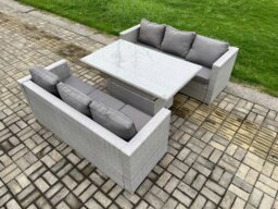 Rackhams Rattan Outdoor Garden Funiture Set Height Adjustable Rising Lifting Table Sofa Dining Set with Light Grey - thumbnail 2