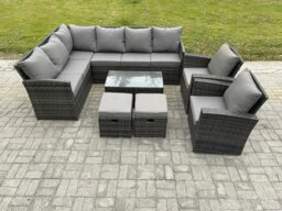 Rackhams 10 Seater Rattan Lounge Corner Sofa Set Wicker PE Outdoor Garden Furniture Set with Coffee Table 2 Small Footstools 2 Armchair Dark Grey Mixed - thumbnail 2