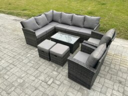 Rackhams 10 Seater Rattan Lounge Corner Sofa Set Wicker PE Outdoor Garden Furniture Set with Coffee Table 2 Small Footstools 2 Armchair Dark Grey Mixed - thumbnail 1