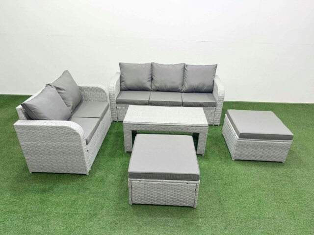 Rackhams 7 Seater PE Rattan Wicker Garden Furniture Patio Conservatory Sofa Set with Oblong Coffee Table 3 Seater Sofa Love Sofa 2 Big Footstool - image 1