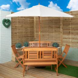 Rackhams Outdoor 6 Person Folding Rectangular Wooden Garden Dining Table Chairs and 2 Benches Cream Parasol and Base set - Outdoor Furniture Sets - thumbnail 1